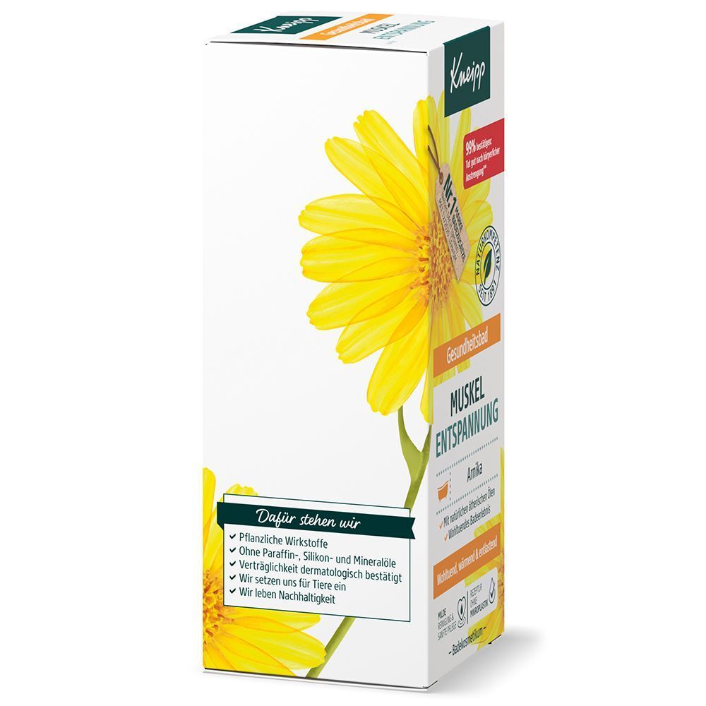 Seite der Kneipp Muskel Entspannung Arnika Badezusatz Verpackung mit Produktversprechen und Siegeln.