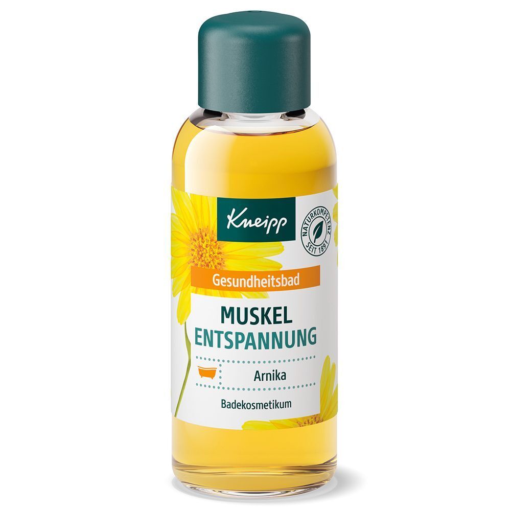 Flasche Kneipp Muskel Entspannung Arnika Badezusatz mit grünem Deckel und gelbem Etikett.