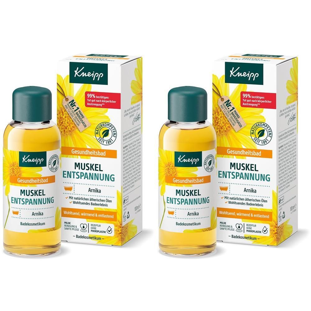 Zwei Flaschen Kneipp Gesundheitsbad Muskel Entspannung Arnika mit Kartonverpackung.