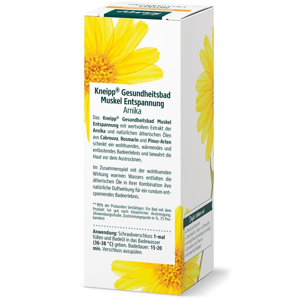Seitenansicht der Kartonverpackung von Kneipp Gesundheitsbad Muskel Entspannung Arnika mit Anwendungshinweisen.