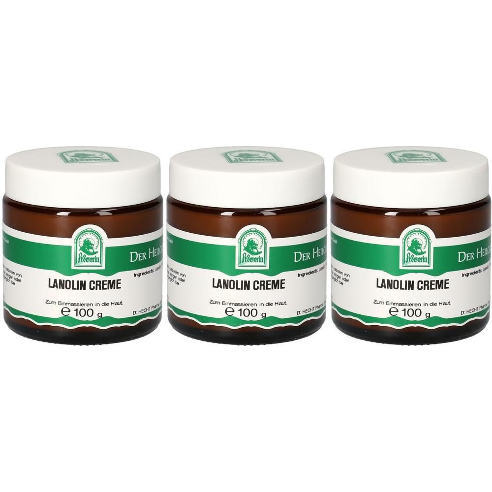 Drei braune Tiegel mit weißem Deckel, gefüllt mit Lanolin Creme.