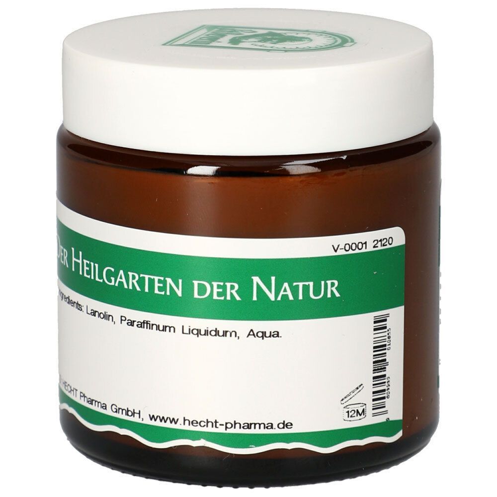 Brauner Tiegel mit weißem Deckel, Lanolin Creme. Haltbar 12 Monate nach Öffnung.