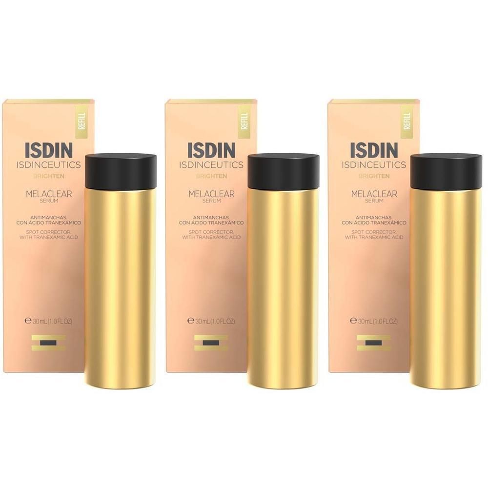 Drei ISDIN ISDINCEUTICS Melaclear Refill Fläschchen in goldenen Behältern mit Verpackung.