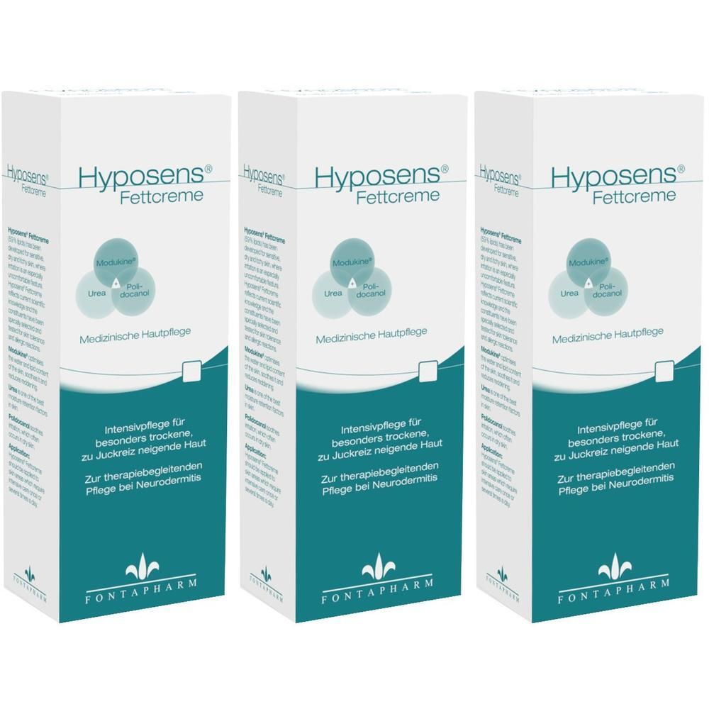 Drei Packungen Hyposens® Fettcreme, medizinische Hautpflege für trockene, juckende Haut.