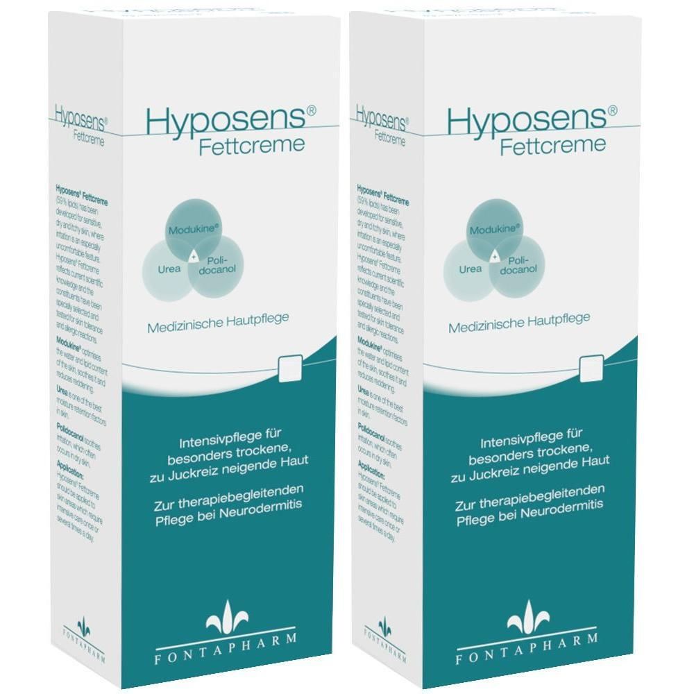 Zwei Packungen Hyposens Fettcreme, medizinische Hautpflege für trockene und juckende Haut.