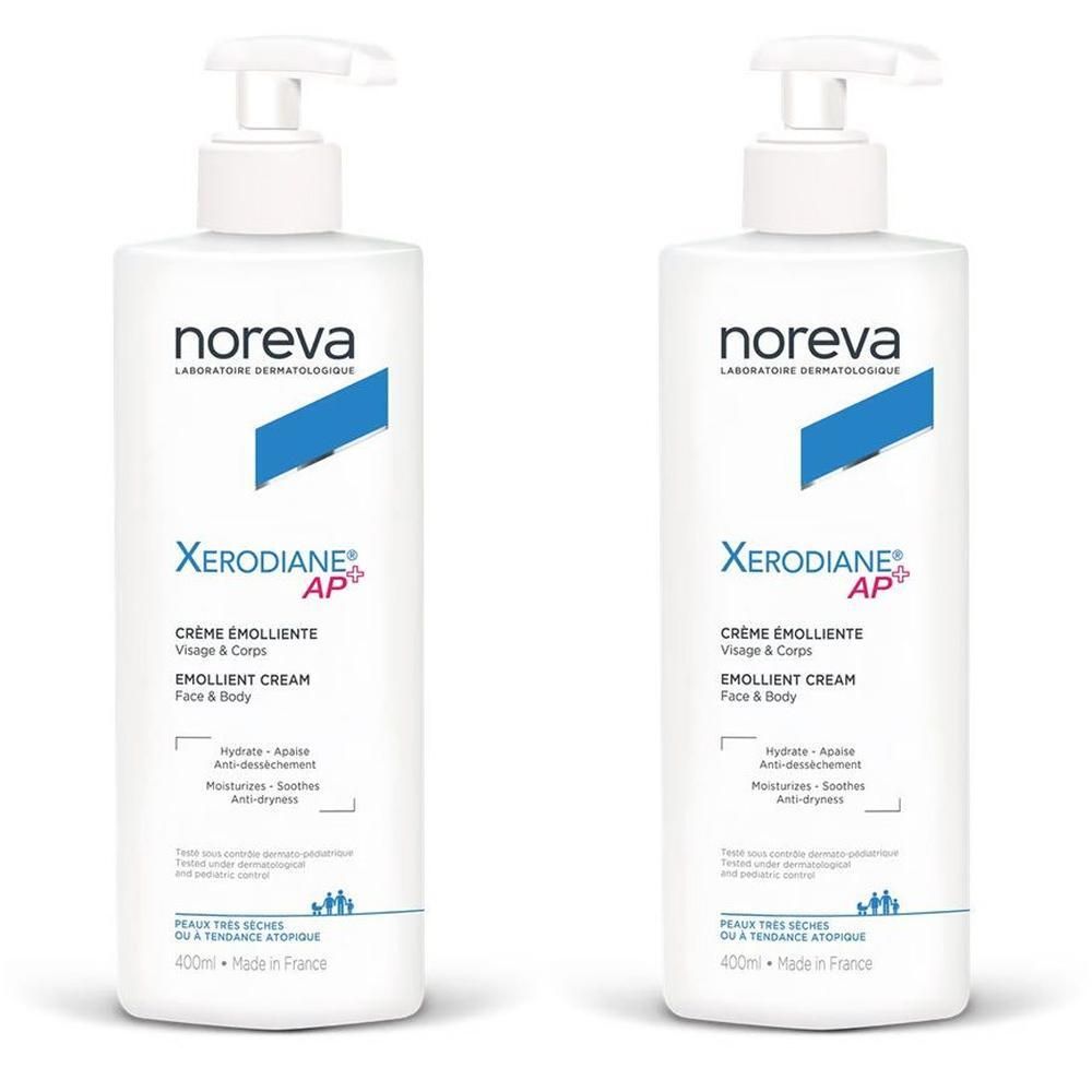 Zwei weiße Pumpflaschen mit Noreva Xerodiane AP+ Emollient Cream für Gesicht & Körper.