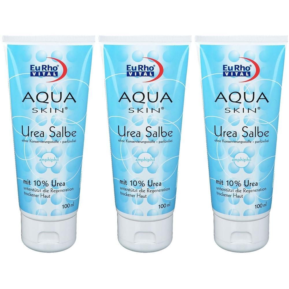 Drei Tuben Aqua Skin Urea Salbe mit 10% Urea zur Regeneration trockener Haut.