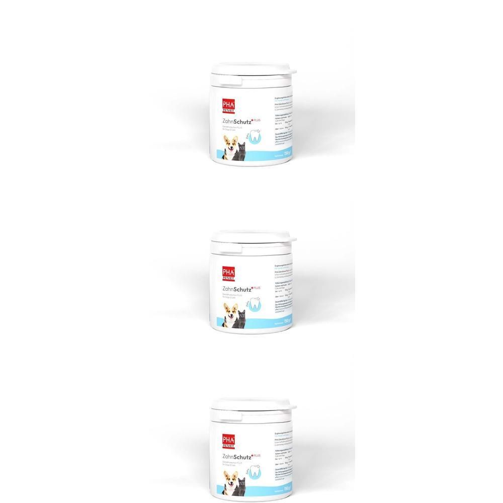 Drei Behälter des Produkts PHA ZahnSchutz PLUS für Hunde & Katzen.