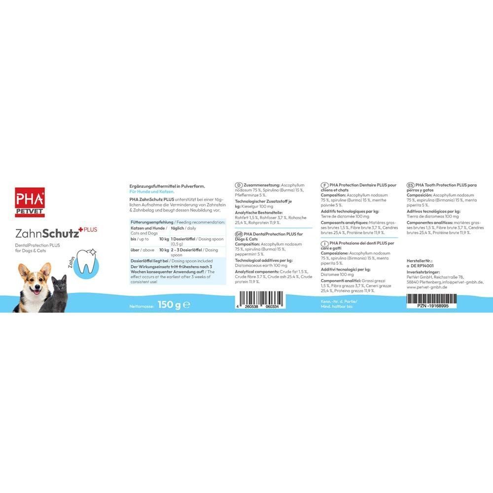 Etikett des PHA ZahnSchutz PLUS Pulvers für Hunde & Katzen mit Abbildungen von Hund, Katze und Zahn.