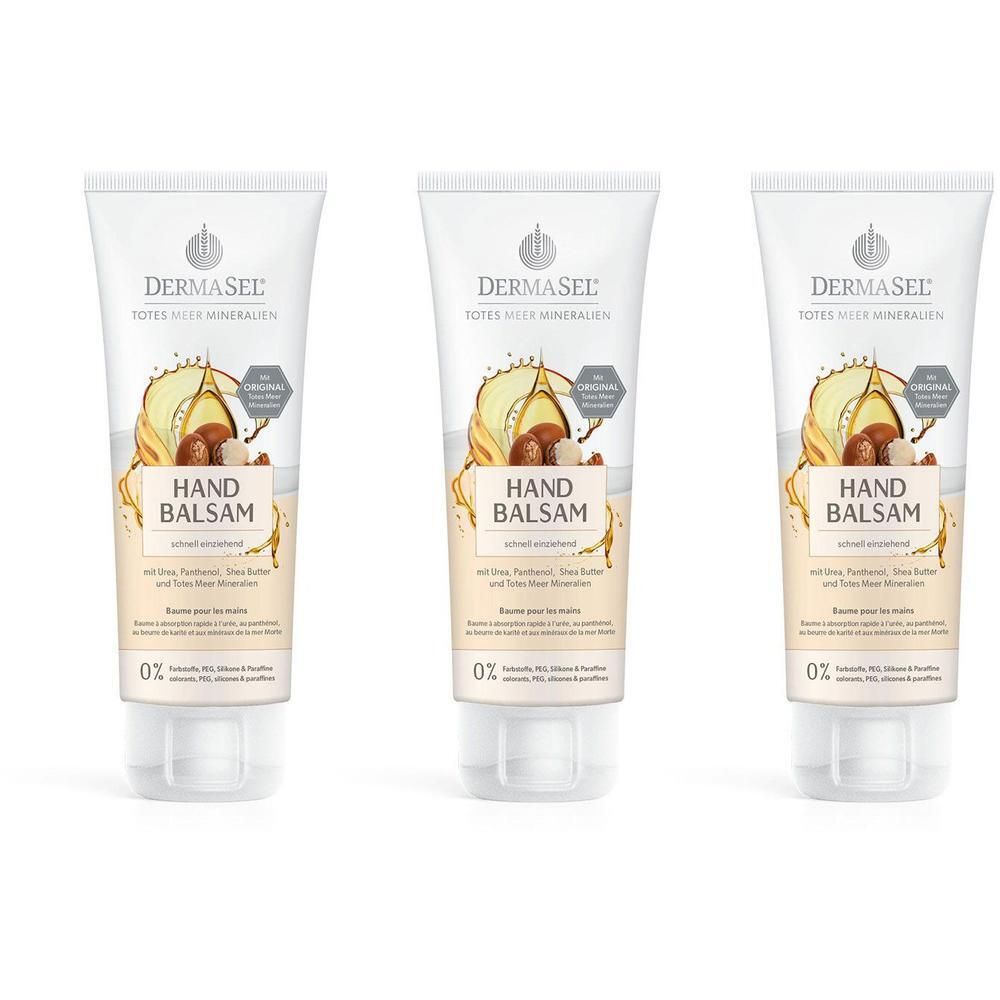 Drei Tuben DERMASEL Handbalsam mit Shea Butter und Totes Meer Mineralien.