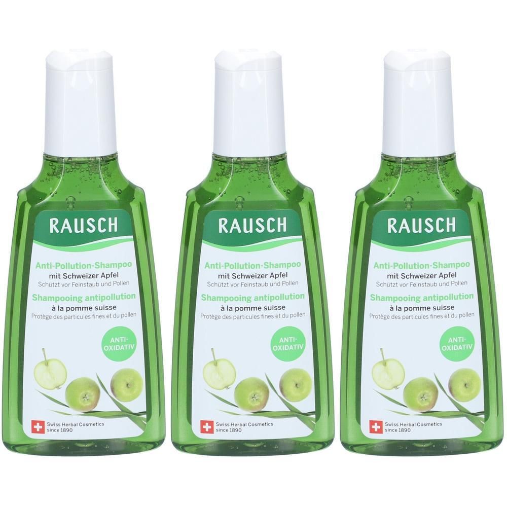Drei grüne Flaschen RAUSCH Anti-Pollution-Shampoo mit Schweizer Apfel. "Anti Oxidativ" und Apfelabbildungen.