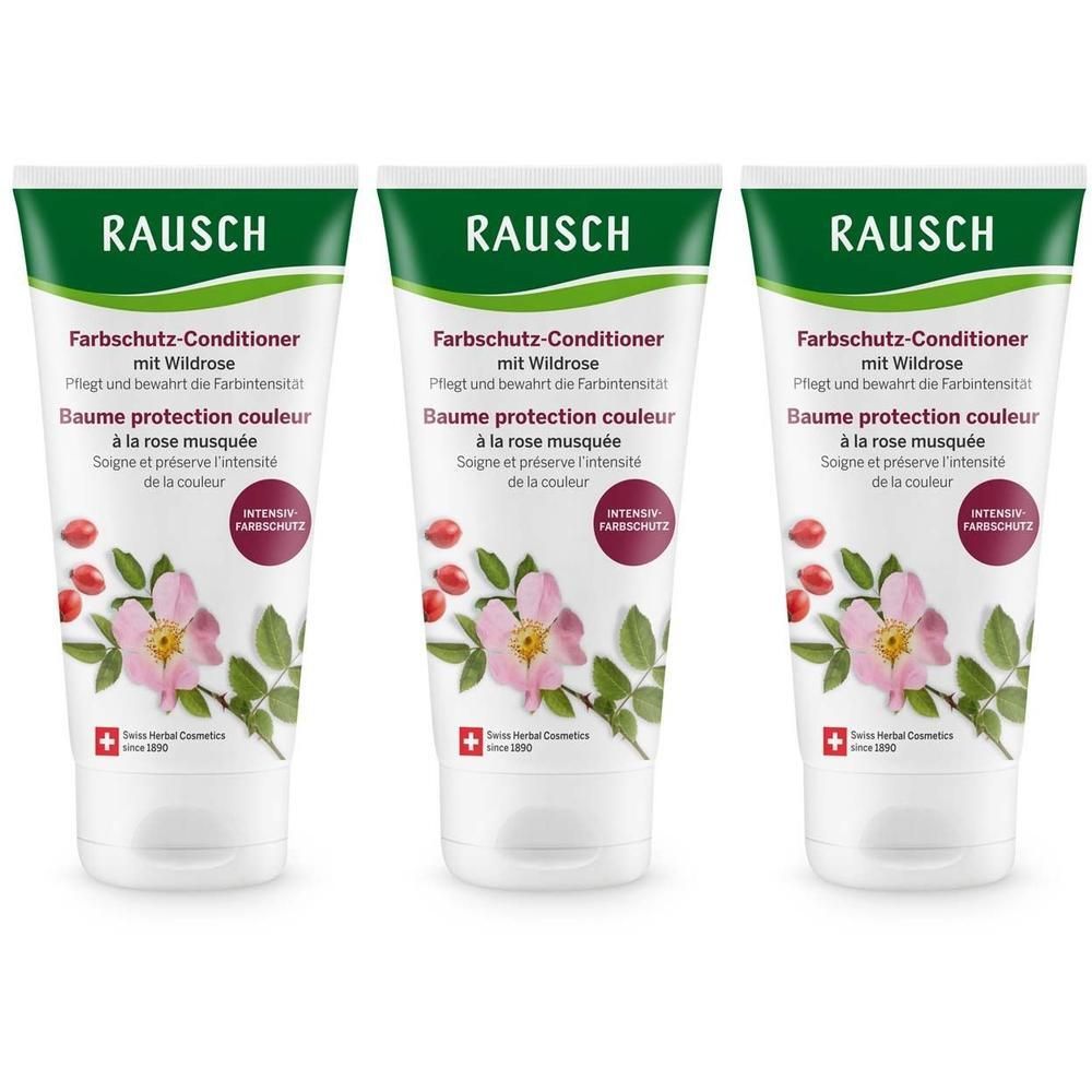 Drei Tuben RAUSCH Farbschutz-Conditioner mit Wildrose, vorne mit Blüten und Beeren.