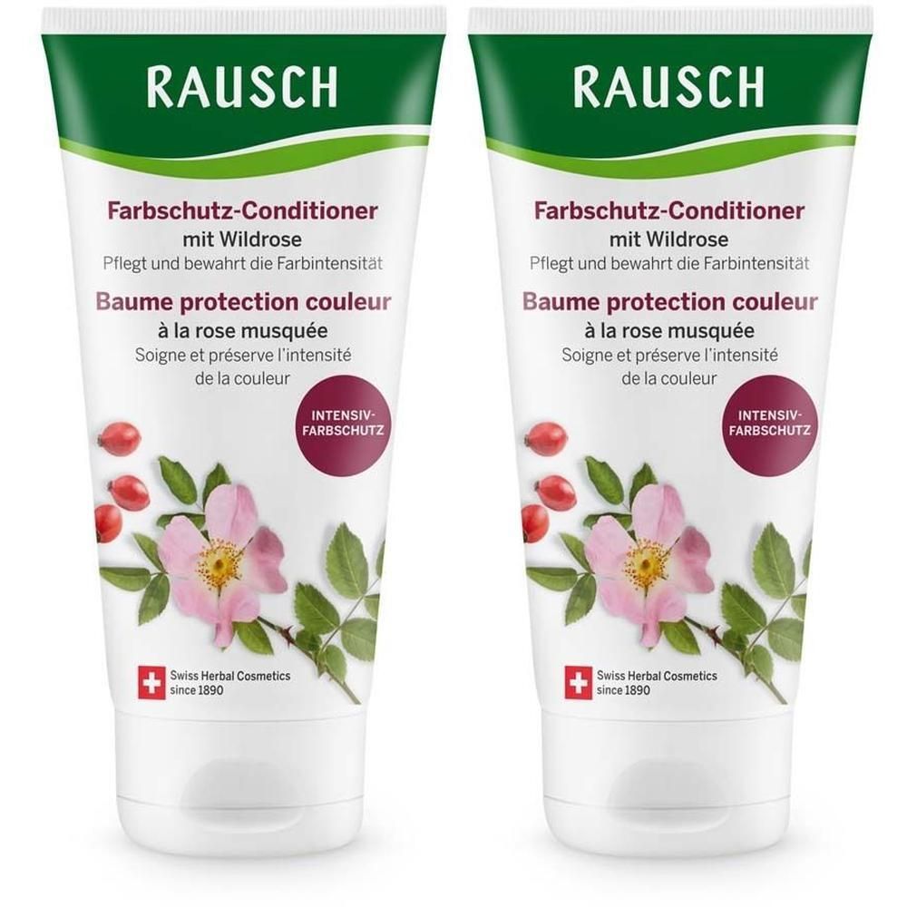 Zwei Tuben RAUSCH Farbschutz-Conditioner mit Wildrose, vorne mit Blüten und Beeren.