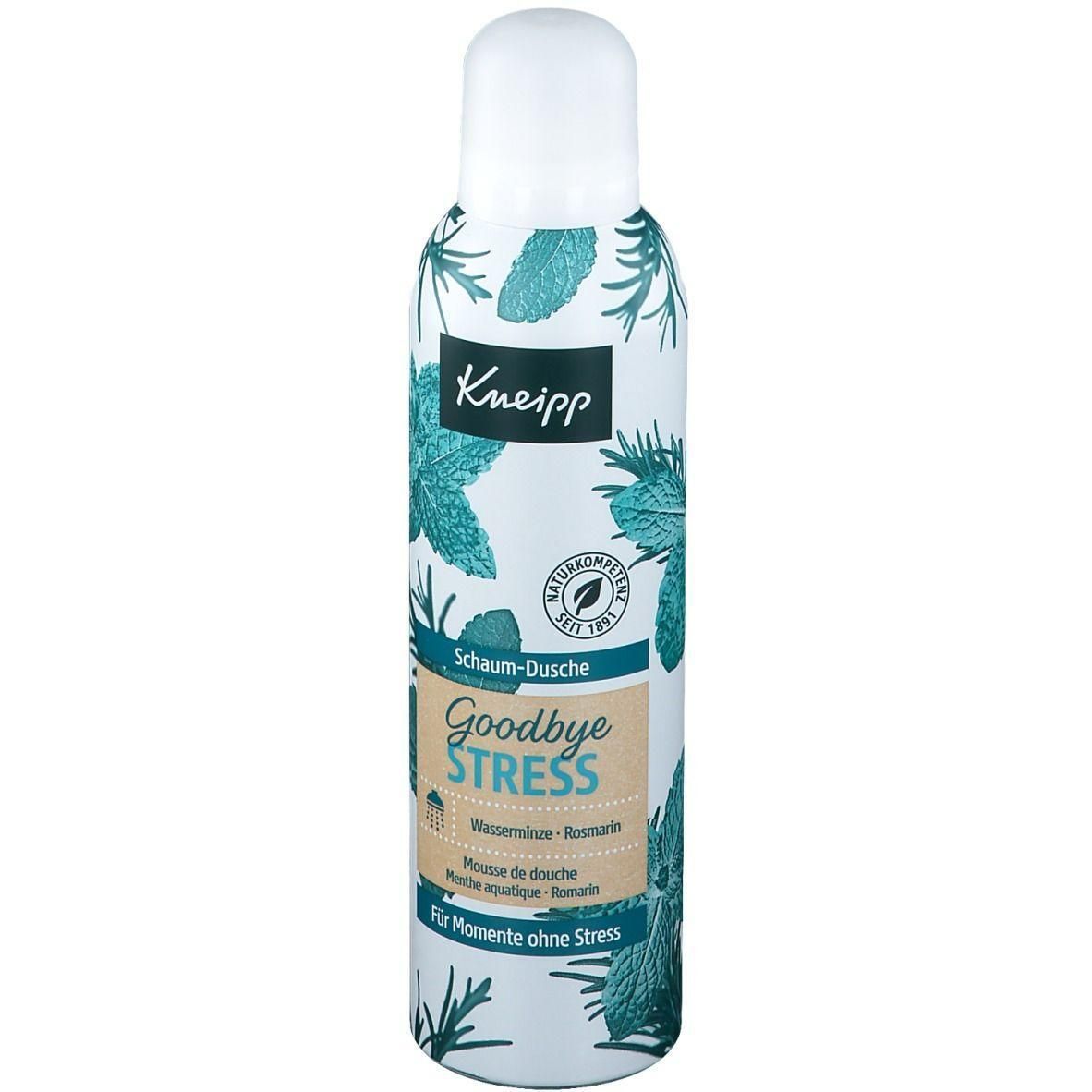 Kneipp Schaum-Dusche Goodbye Stress mit Minze und Rosmarin. Weißer Behälter mit Pflanzenmotiven.
