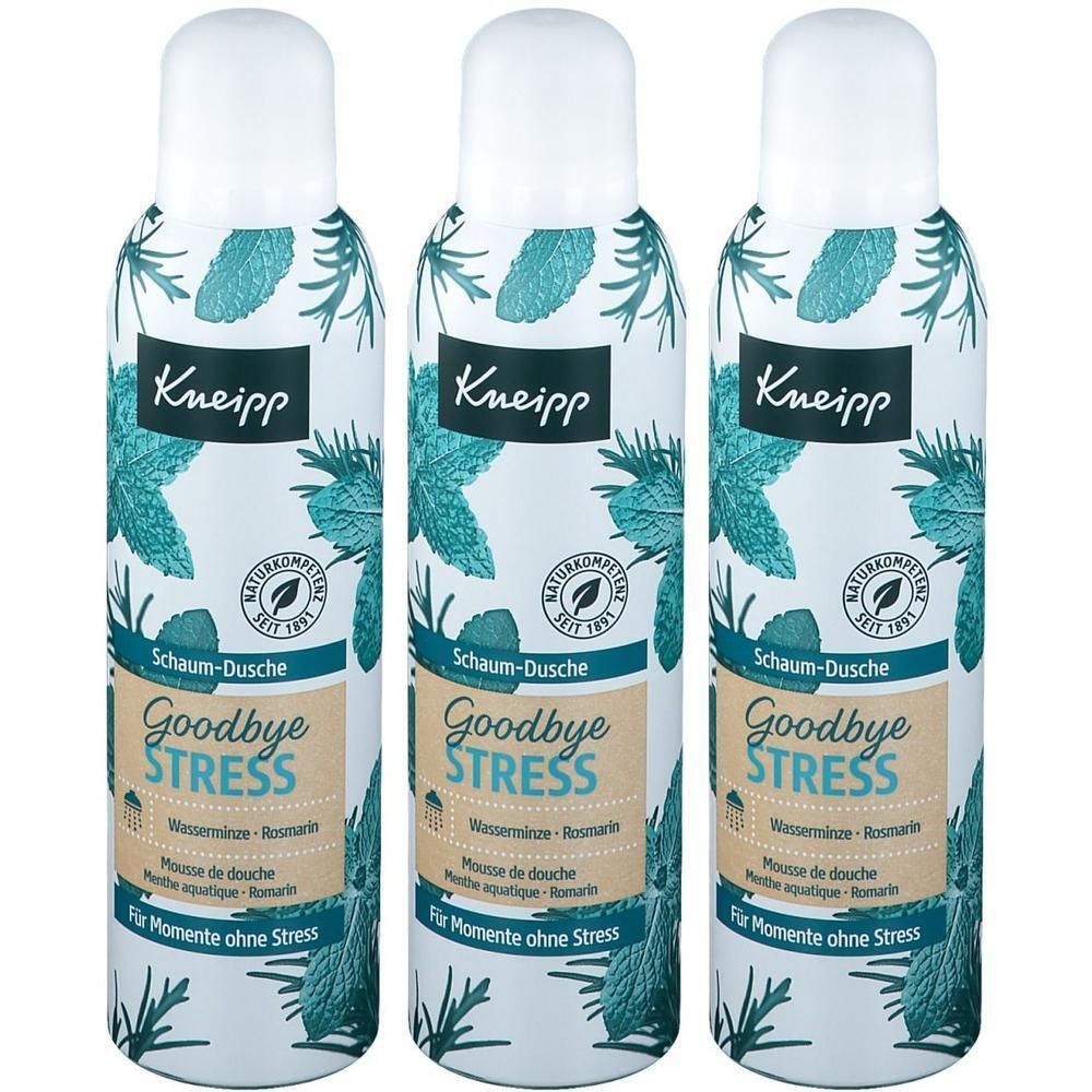Drei Flaschen Kneipp Schaum-Dusche Goodbye Stress mit Kräutermotiv.