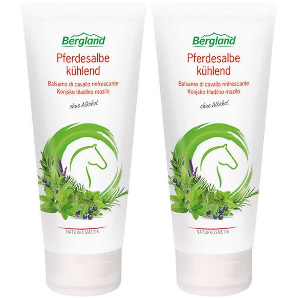 Zwei Tuben Bergland Pferdesalbe kühlend mit Kräuterabbildung und Pferdekopf-Symbol. "Naturkosmetik" ist sichtbar.