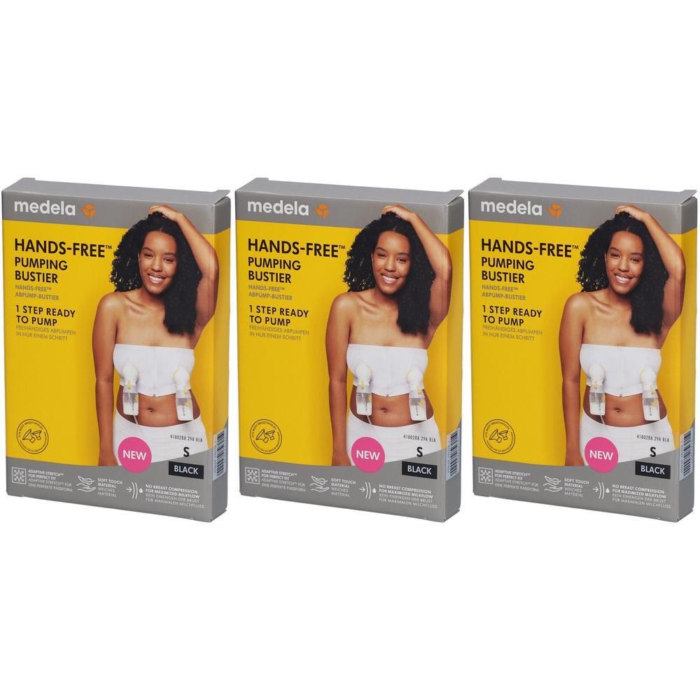 Drei Packungen Medela Hands-free™ Bustier in Schwarz, Größe S. Jede Packung zeigt eine Frau, die das Bustier trägt.