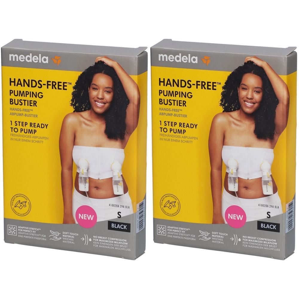 Zwei Packungen Medela Hands-free™ Abpump-Bustier in Schwarz, Größe S. Jede Packung zeigt eine Frau mit dem Bustier.