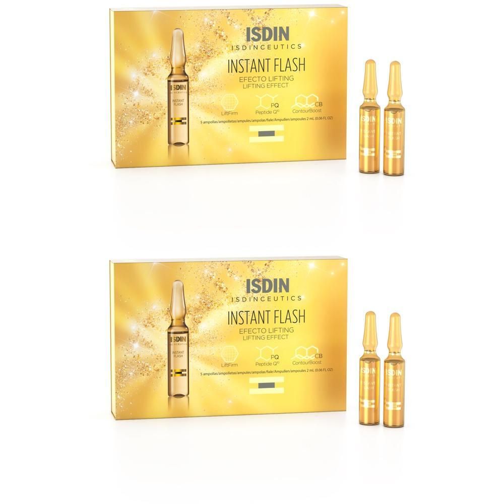 Zwei Schachteln ISDINCEUTICS INSTANT FLASH mit je 5 Ampullen. Goldfarbene Verpackung mit Glitzer-Effekt.