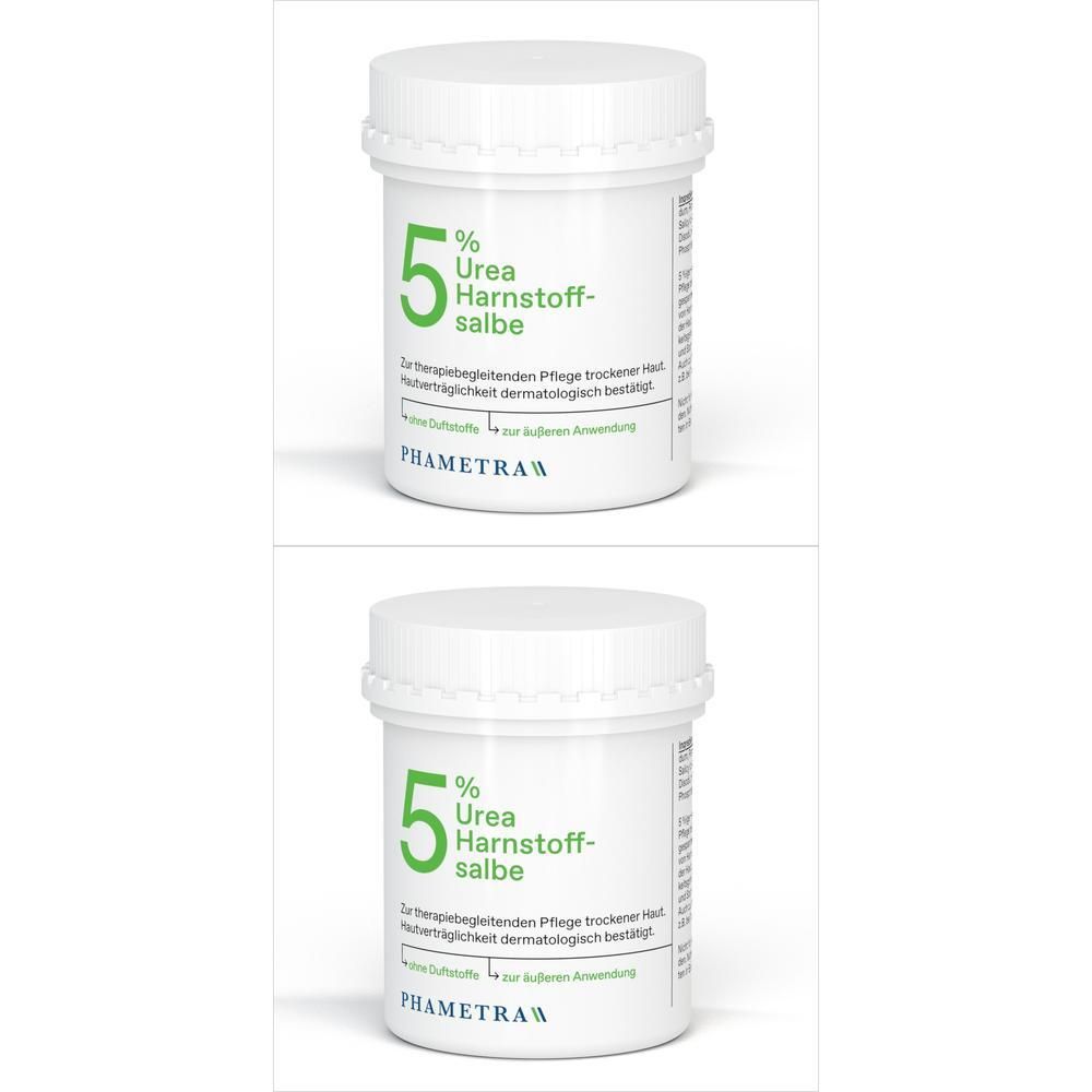 Zwei weiße Tiegel mit 5% Urea Harnstoffsalbe und dem Markennamen PHARMETRA.