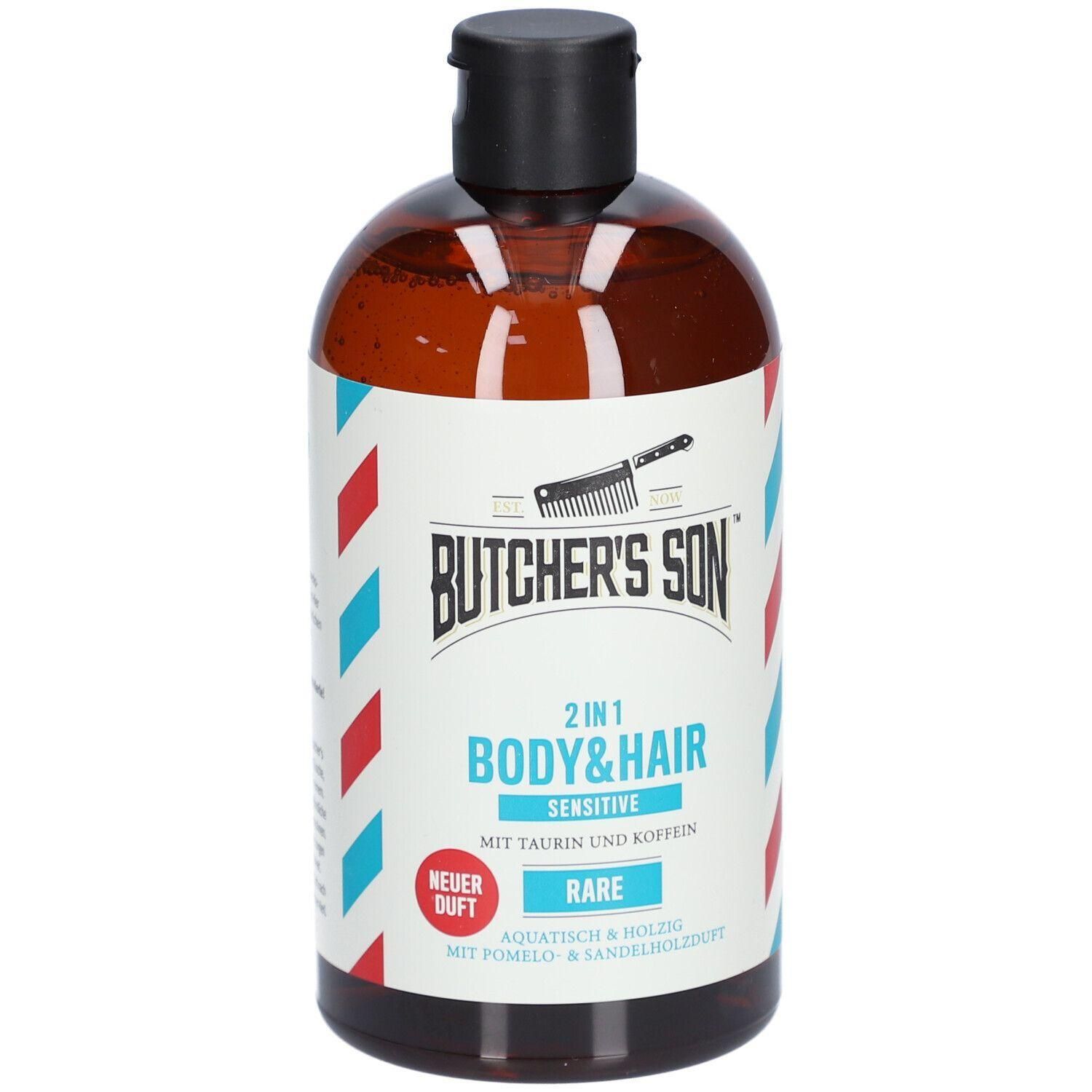 Butcher's Son 2in1 Body & Hair Sensitive Flasche mit schwarzem Klappdeckel. Weißes Etikett mit roten und blauen Rauten.