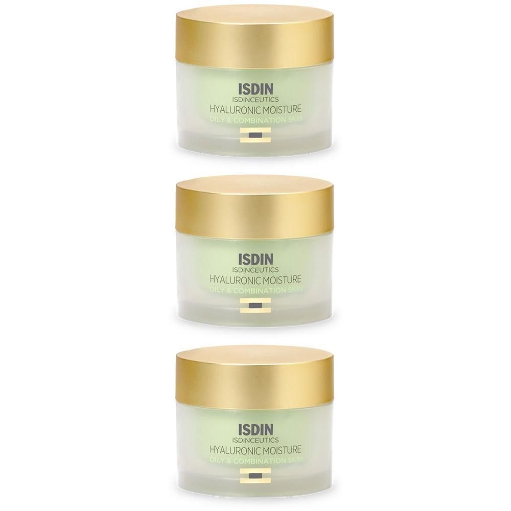 Drei ISDINCEUTICS Hyaluronic Moisture Tiegel mit goldenem Deckel.