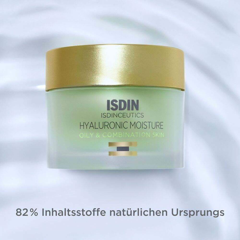 ISDINCEUTICS Hyaluronic Moisture Tiegel mit goldenem Deckel, Text: 82% Inhaltsstoffe natürlichen Ursprungs.
