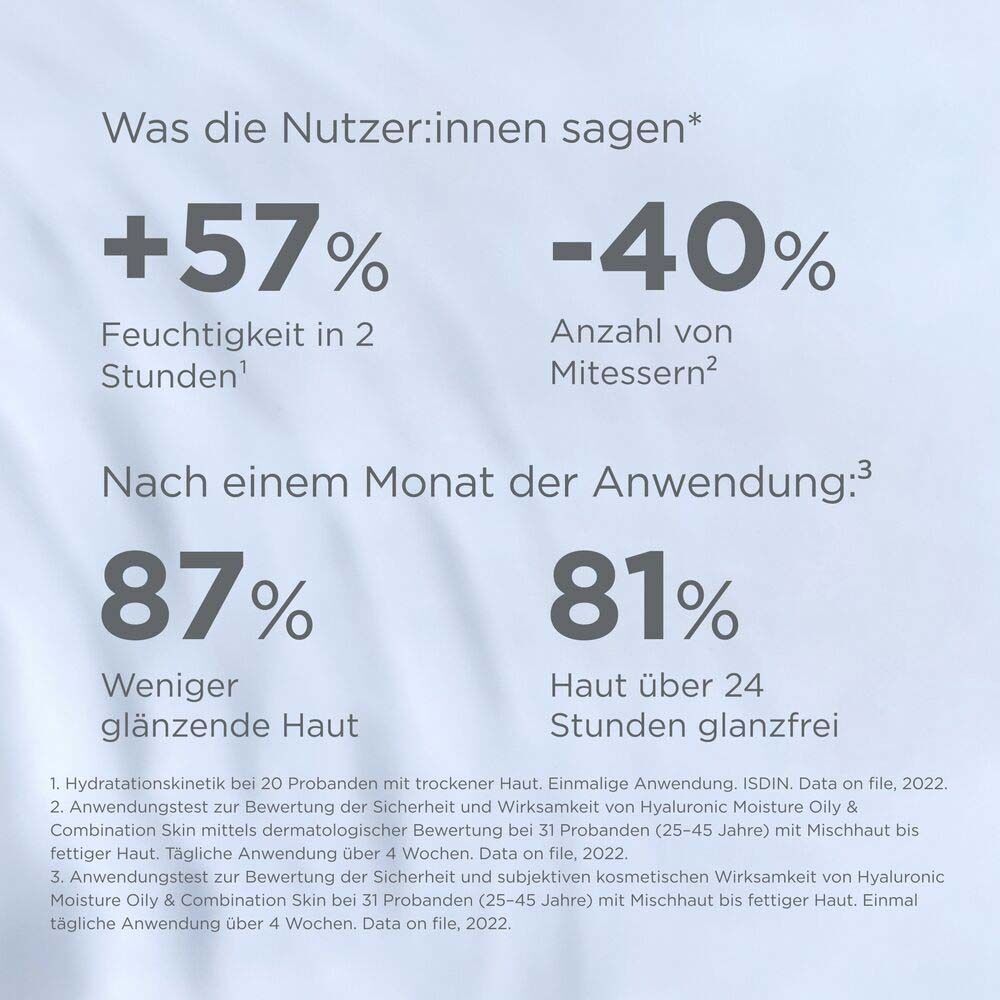 Grafik mit klinisch erwiesenen Ergebnissen: +57% Feuchtigkeit, -40% Mitesser, 87% weniger glänzende Haut, 81% glanzfrei über 24h.