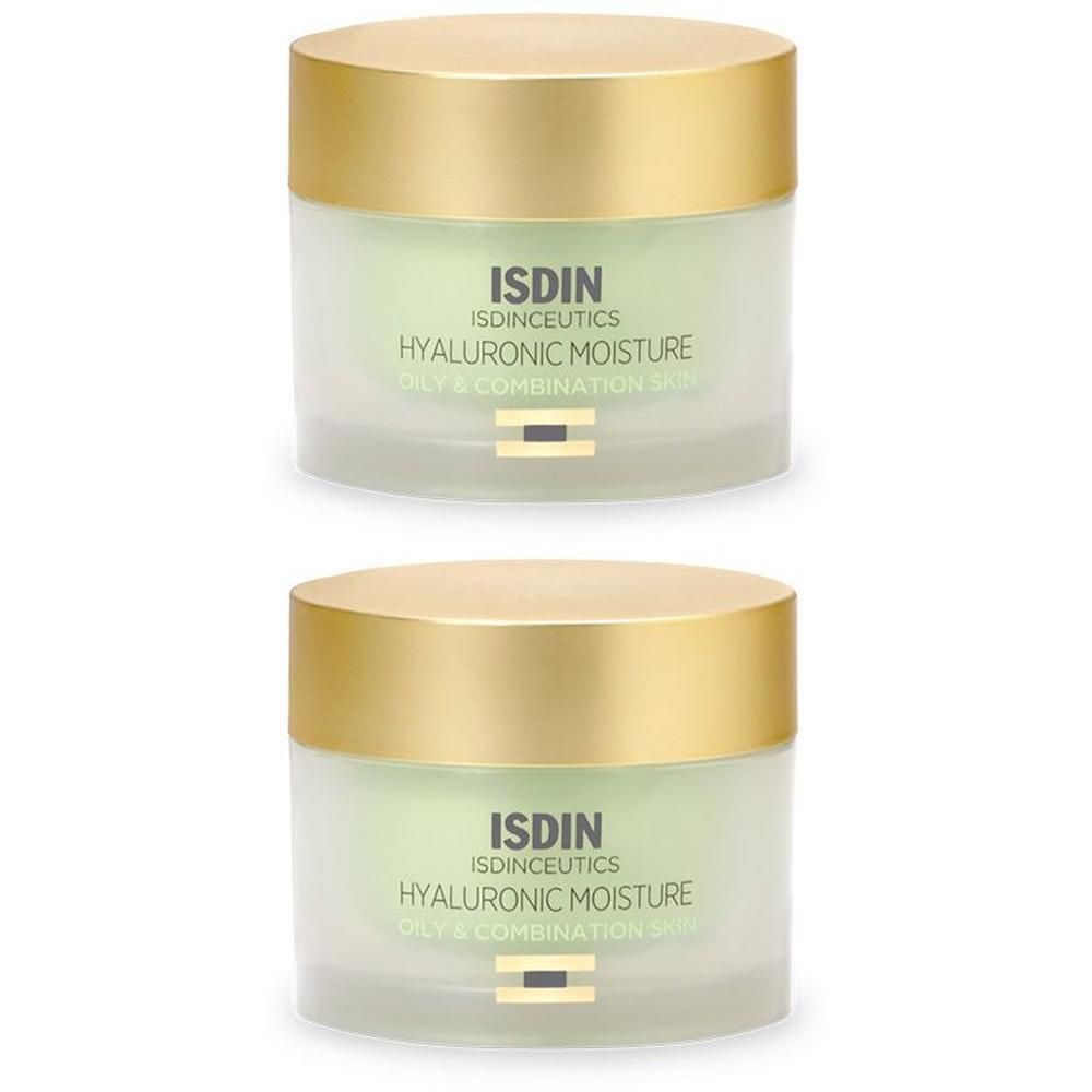 Zwei ISDINCEUTICS Hyaluronic Moisture Tiegel mit goldenem Deckel.