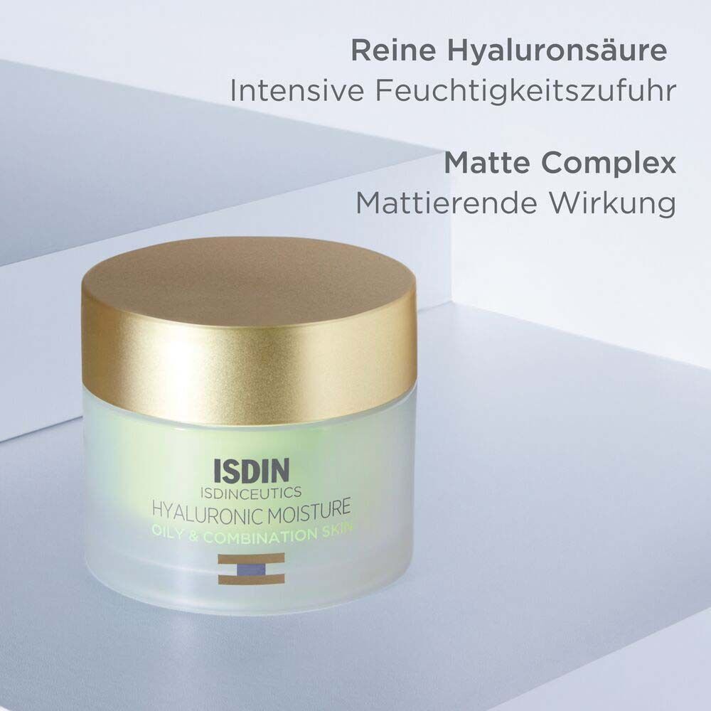 ISDINCEUTICS Hyaluronic Moisture Tiegel mit goldenem Deckel. Text: Reine Hyaluronsäure, Matte Complex.