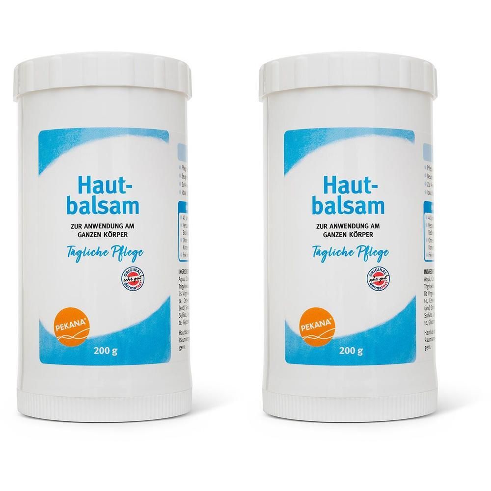 Zwei weiße Behälter mit Hautbalsam, 200g. Beschriftung: Hautbalsam, Tägliche Pflege.