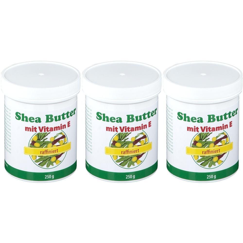 Drei Behälter Shea Butter mit Vitamin E, 250g.