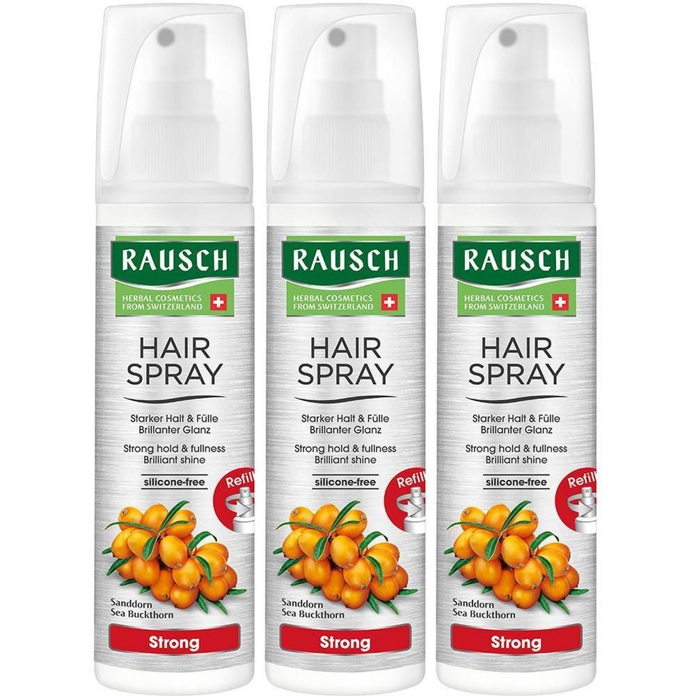 Drei RAUSCH Haarspray Strong Flaschen mit Sanddorn-Extrakt. Silikonfrei.