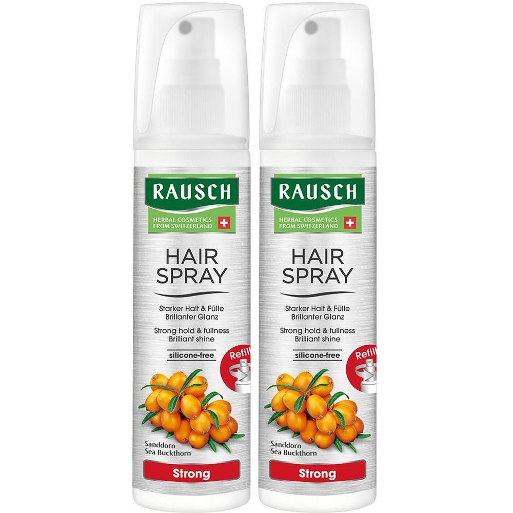 Zwei RAUSCH Haarspray Strong Flaschen mit Sanddorn-Motiv. Starker Halt und Glanz, silikonfrei.