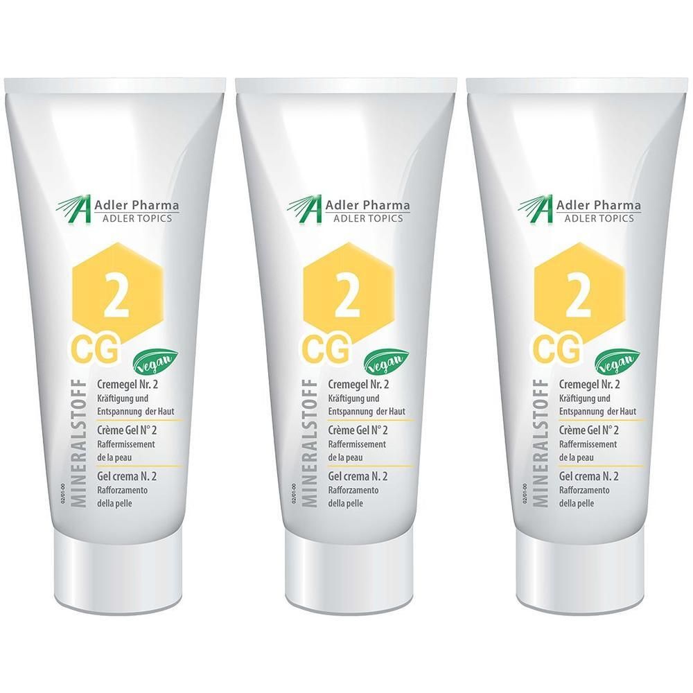 Drei Tuben MINERALSTOFF Cremegel Nr. 2 von Adler Pharma. Gelbe Raute mit '2' und 'CG'.