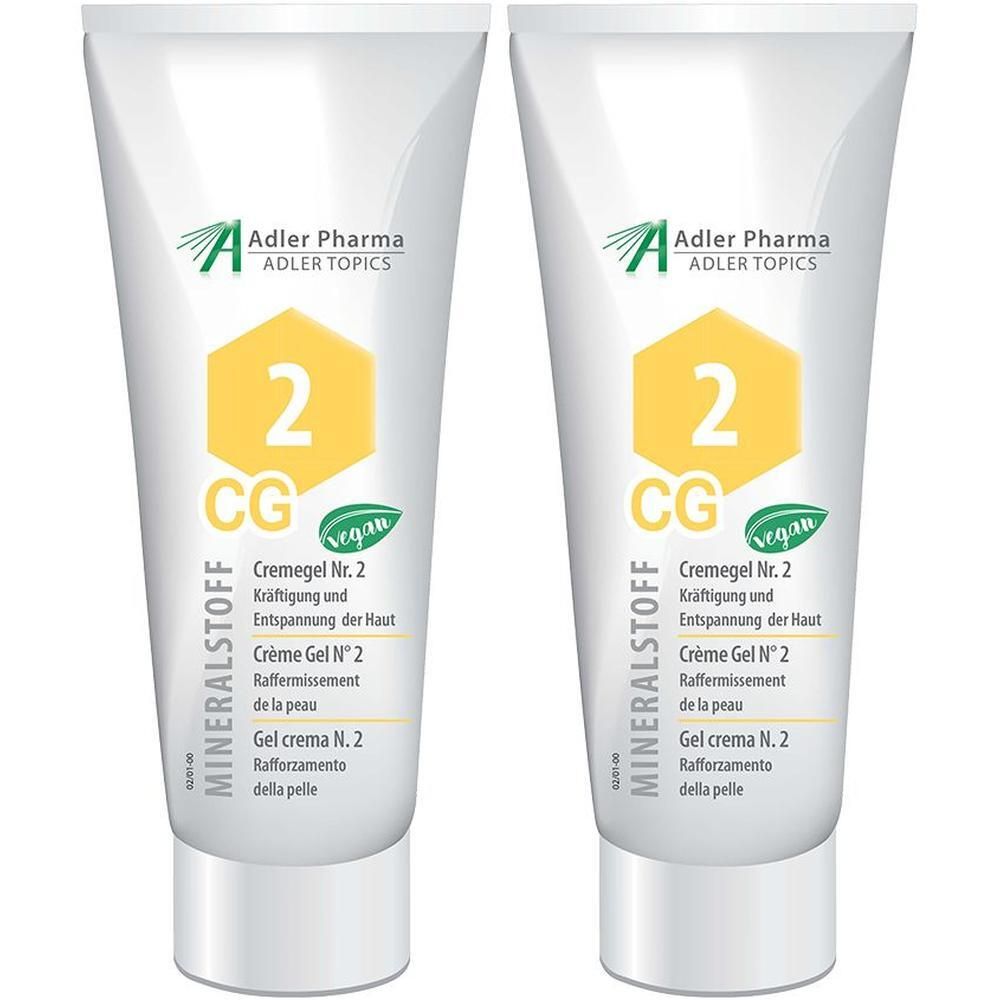 Zwei weiße Tuben MINERALSTOFF Cremegel Nr. 2 von Adler Pharma mit gelbem Hexagon-Symbol und veganem Siegel.