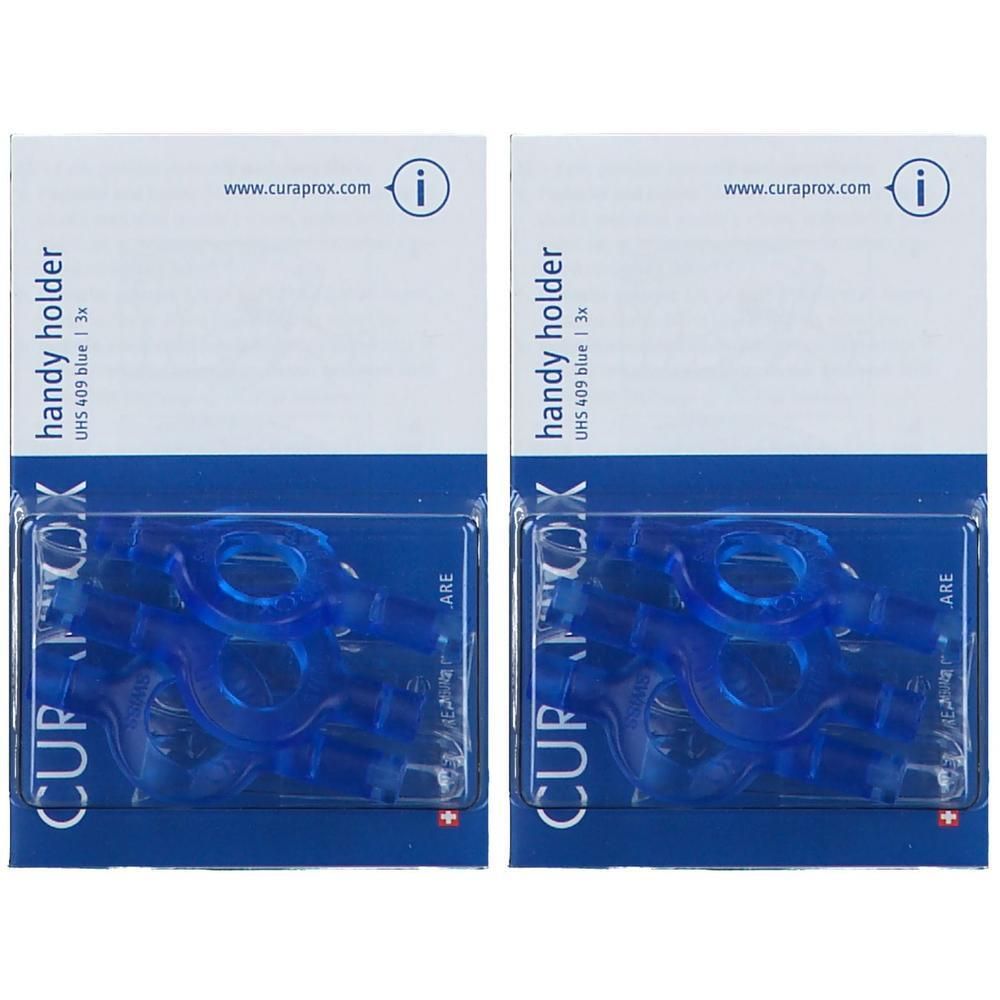Zwei Packungen Curaprox UHS 409 Handy Holder in Blau. Jeder Halter ist für 3 Bürsten ausgelegt.