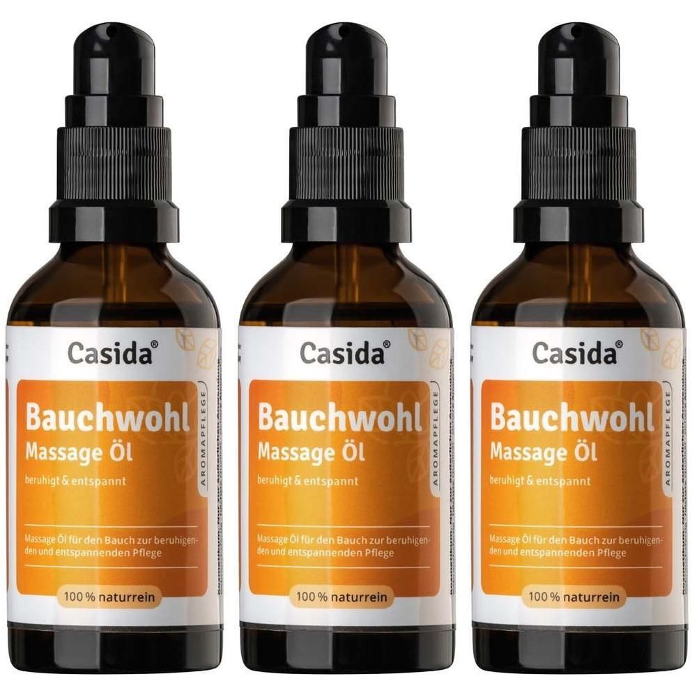 Drei Flaschen Casida Bauchwohl Massage Öl mit Pumpaufsatz, bernsteinfarbenes Glas.