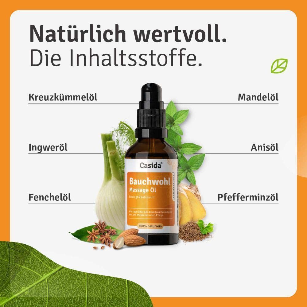 Braune Glasflasche mit Pumpspender, umgeben von Zutaten wie Fenchel und Mandeln.
