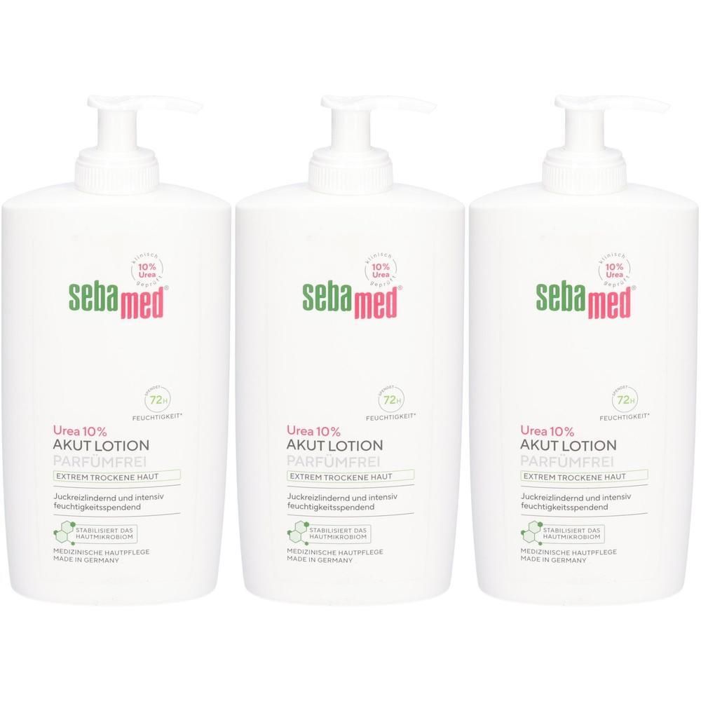 Drei weiße Pumpflaschen Sebamed Akut Lotion Urea 10% parfümfrei für extrem trockene Haut.