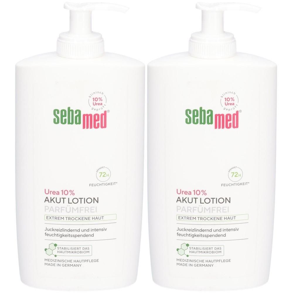 Zwei weiße Pumpflaschen Sebamed Akut Lotion Urea 10% parfümfrei für trockene Haut.