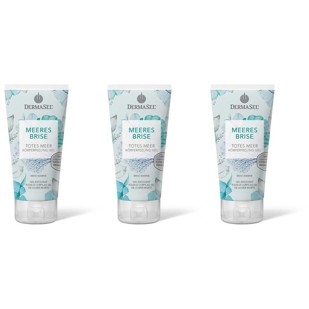 Drei Tuben DERMASEL® Meeresbrise Peeling Gel mit floralem Design und blau-grünen Akzenten.