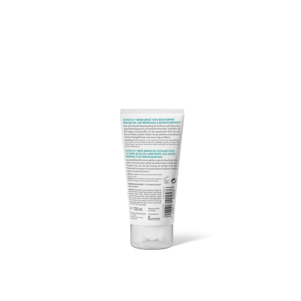 Rückseite einer Tube DERMASEL® Meeresbrise Peeling Gel mit Produktinformationen und EAN-Code.