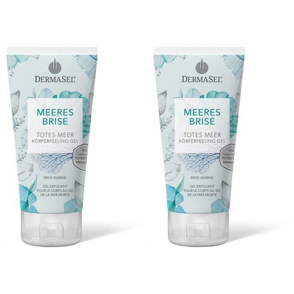 Zwei Tuben DERMASEL® Meeresbrise Körperpeeling Gel mit blauer und weißer floraler Dekoration.
