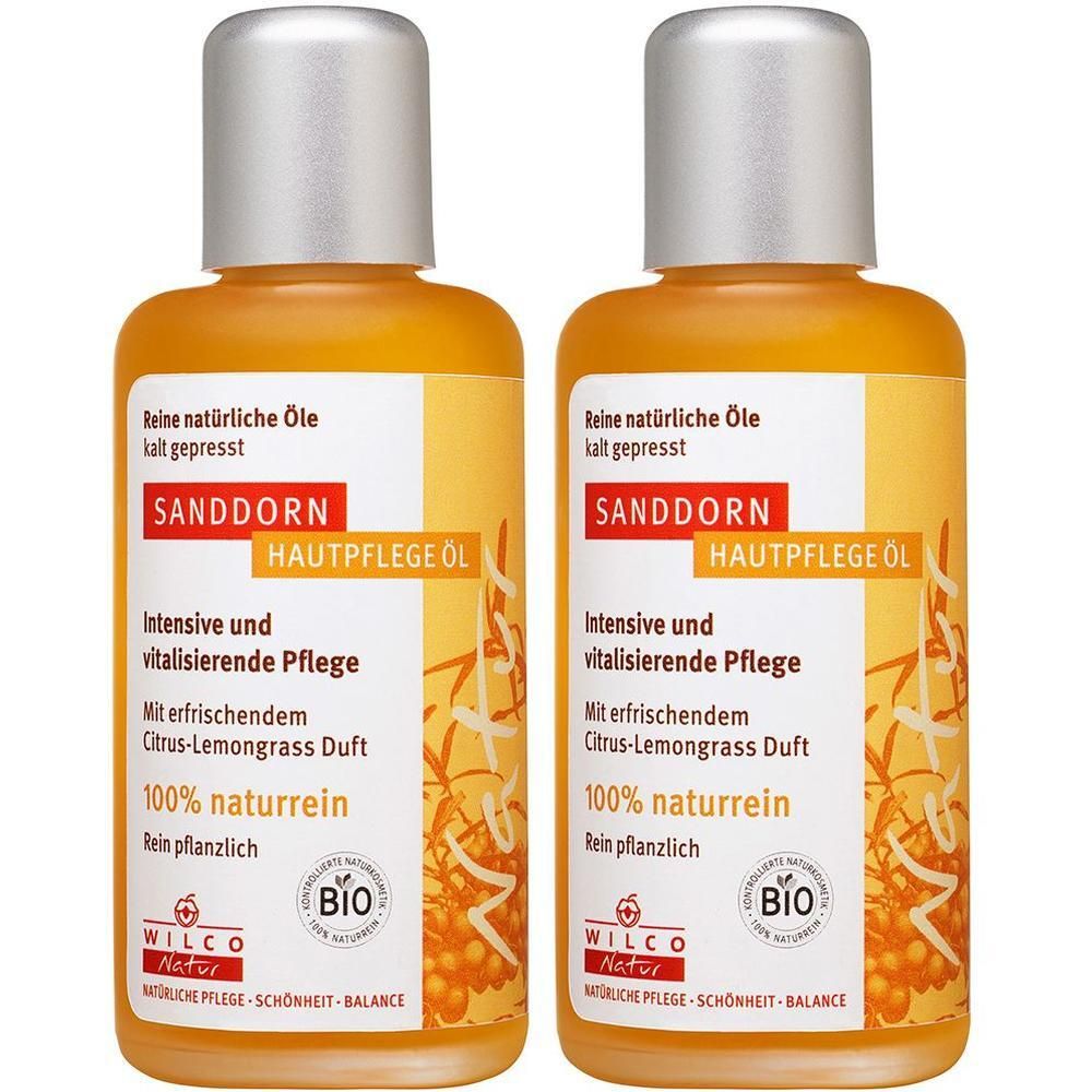 Zwei Flaschen Sanddorn Hautpflegeöl, 100% naturrein, mit Bio-Siegel.