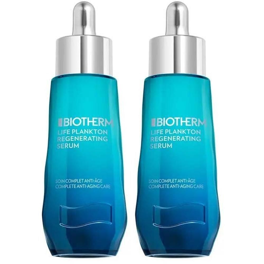 Zwei Flaschen Biotherm Life Plankton Regenerating Serum mit Pipettenverschluss. Blaue Glasflaschen mit silbernem Deckel.