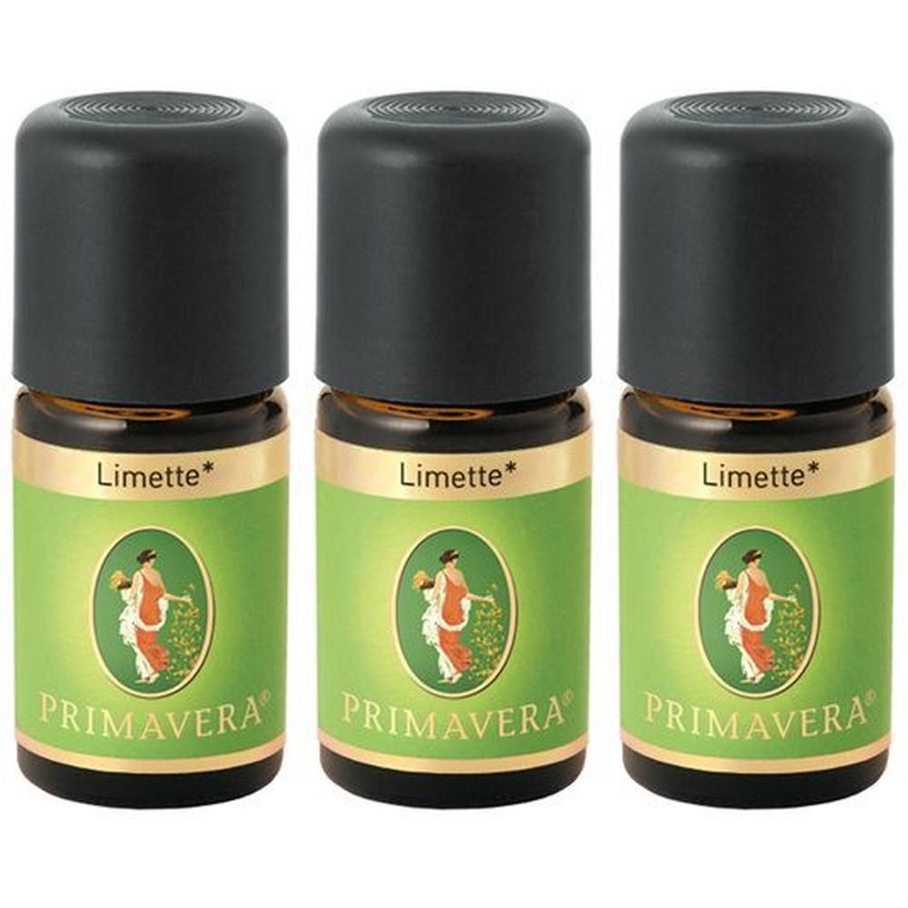 Drei PRIMAVERA Limette BIO ätherische Ölflaschen mit schwarzen Kappen und grünen Etiketten.
