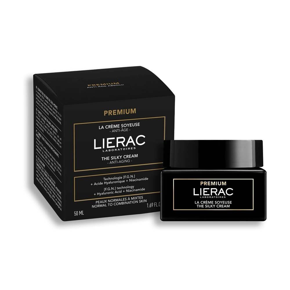 LIERAC Premium Seidige Creme Tiegel und Verpackung auf weißem Hintergrund.
