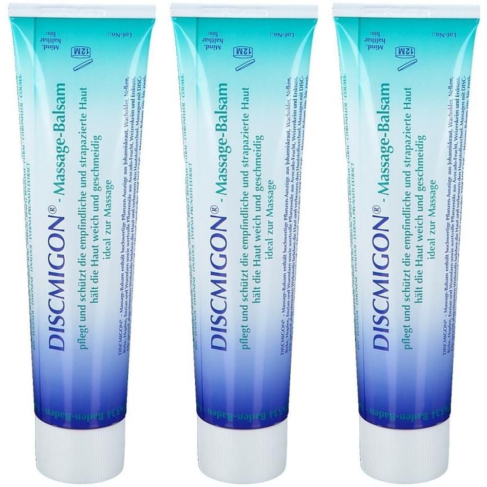 Drei Tuben Discmigon® Massage-Balsam mit blauem Farbverlauf und weißem Verschluss.