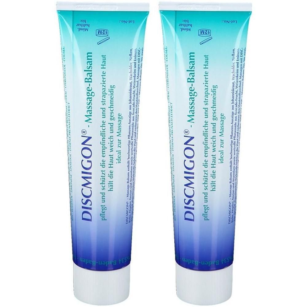 Zwei Tuben Discmigon® Massage-Balsam mit blauem Farbverlauf und weißem Verschluss.